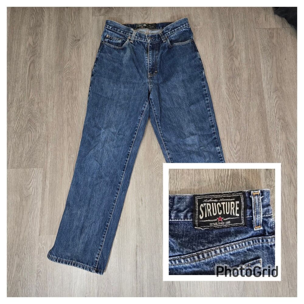 VTG Y2K Structure Relaxed Fit Jeans Men 31x32* Straight Leg Dark Rinse Baggy